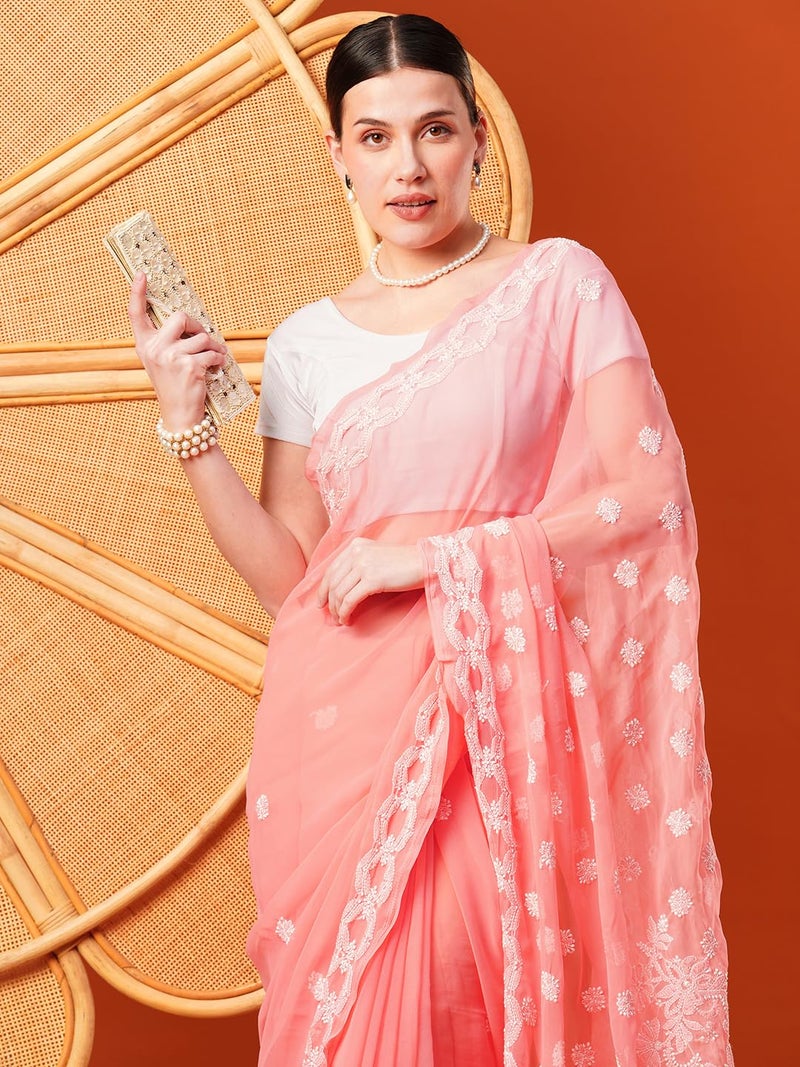 Ada Hand Embroidered Lucknowi Chikankari Georgette Saree With Unstitched Blouse Piece A191488, Peach - Womens - Image 4