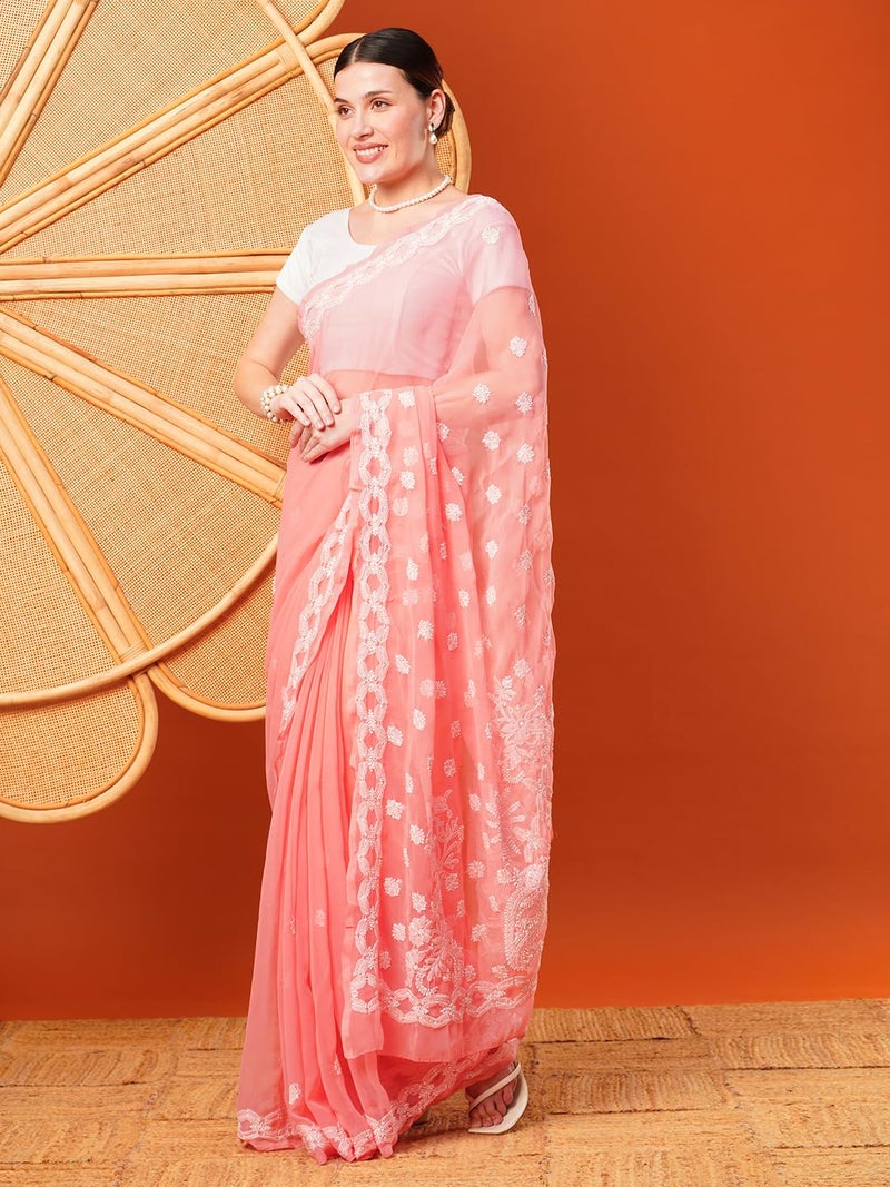 Ada Hand Embroidered Lucknowi Chikankari Georgette Saree With Unstitched Blouse Piece A191488, Peach - Womens - Image 3