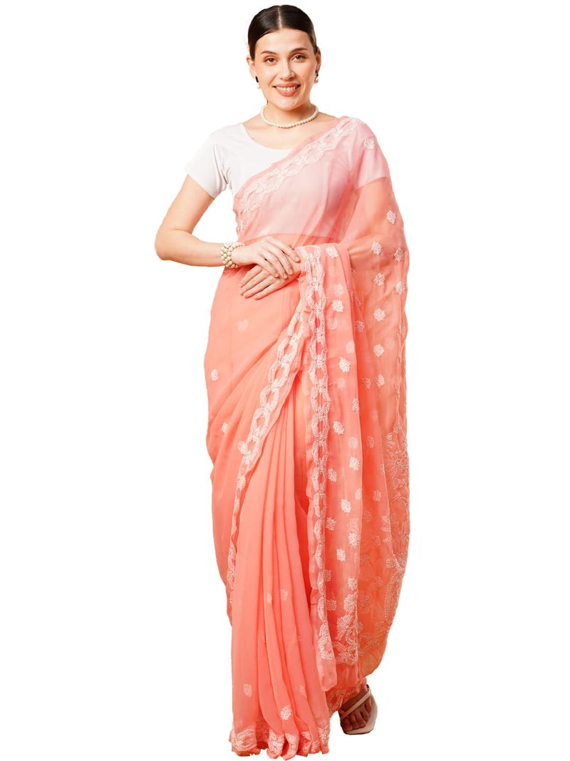 Ada Hand Embroidered Lucknowi Chikankari Georgette Saree With Unstitched Blouse Piece A191488, Peach - Womens - Image 1