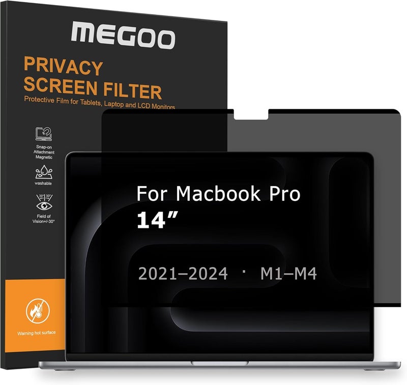 شاشة الخصوصية MEGOO لـ MacBook Pro 14 بوصة (2021-2024، M1-M4،Pro،Max)، ماتي مضاد للوهج، فلتر الضوء الأزرق، ±30° مضاد للتجسس، مغناطيسي، قابل للإزالة بواسطة نانو لاصق وحقيبة تخزين - حماية عملية متميزة - Image 1