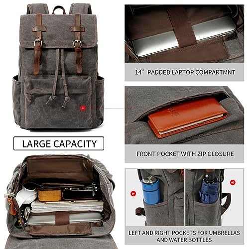 HuaChen حقيبة ظهر جلدية قماشية عتيقة من هوا تشين للرجال، حقيبة سفر متعددة الجيوب للكمبيوتر المحمول، حقيبة متينة للمشي والتنقل - رمادي M83 - Image 4