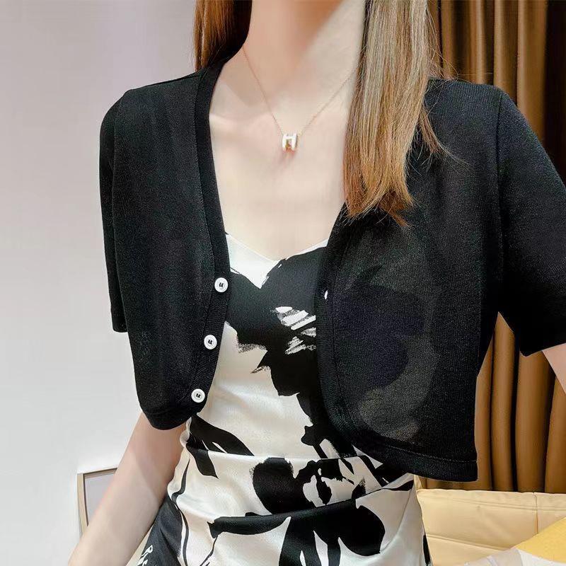 Suspender Skirt Outer Shawl Blouse Sense French Waistcoat Summer Ice Silk Thin Knitted Sunscreen Cardigan Short Sleeves - Image 3