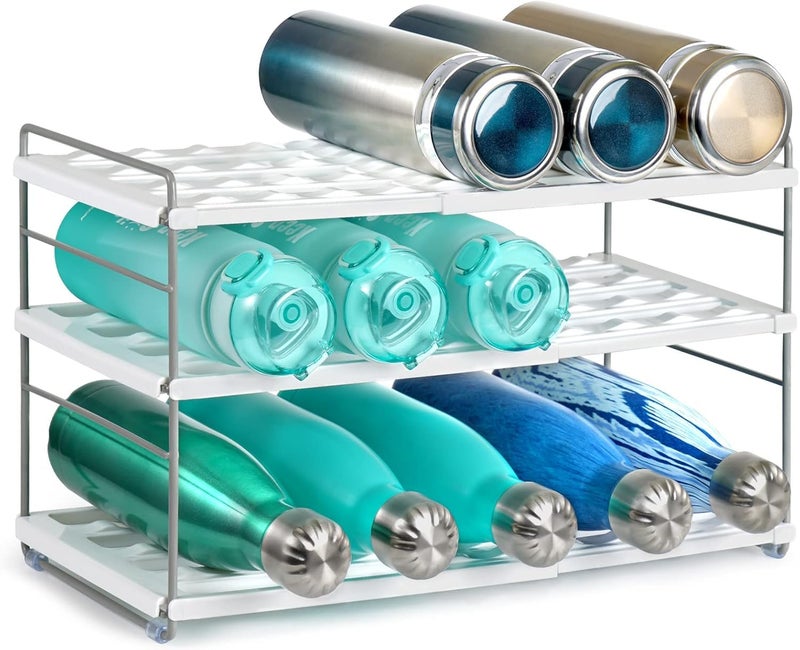 JUPELI Water Bottle Organizer For Cabinet, Expandable Water Bottle Holder Rack, Adjustable Tumbler Storage For Kitchen Organization, 3 Tier Cup Organizer For Sports Flask Insulated Travel Mug Fridge, White - Image 1