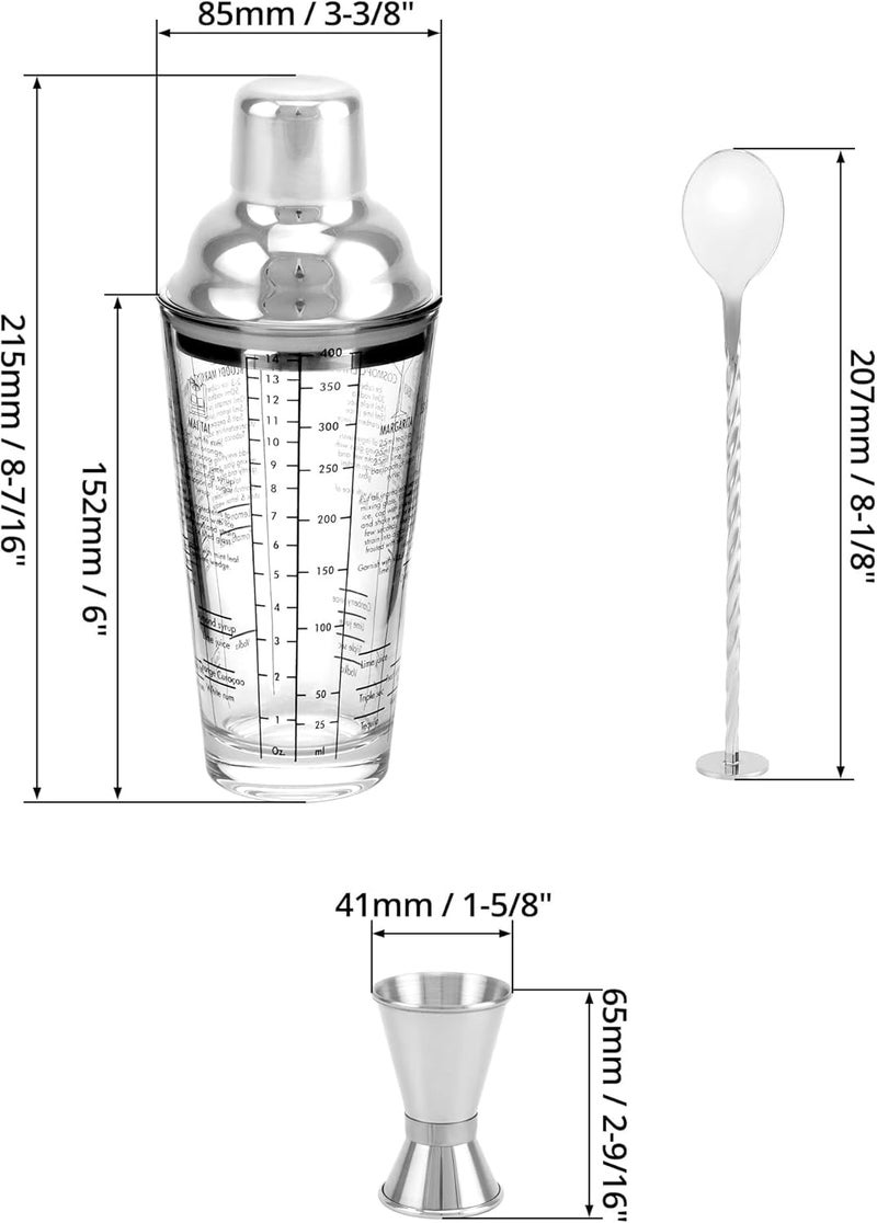 14oz Glass Cocktail Shaker, Martini Shaker, Clear Drink Shaker Bottle with Measurements, Mixing Spoon Set, Bar Shakers Set Bartender Kit for Mixing Cocktail, Best Gift for Beginner