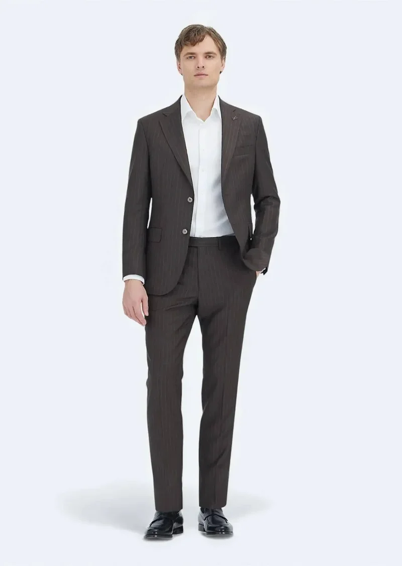 رامسي بدلة من الصوف الخالص 100%، مخططة بلون المنك، خفيفة الوزن، بقصة ضيقة