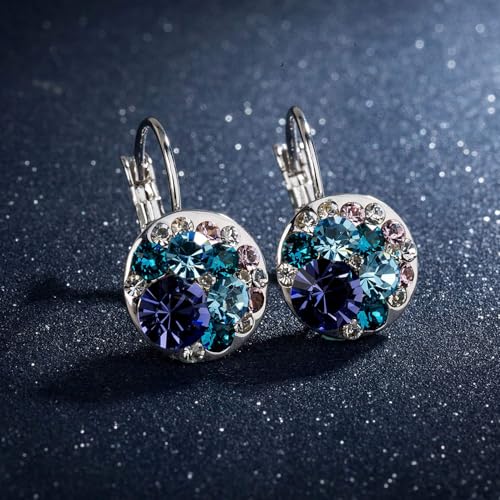 EVEVIC Multicolored Austrian Crystal Drop Earrings for Women 14K Gold Plated Hypoallergenic Leverback Dangle Earrings (Purple Main Crystal/Silver-tone) - Image 3