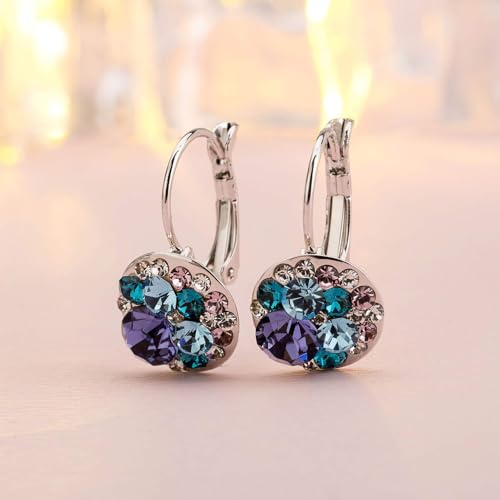 EVEVIC Multicolored Austrian Crystal Drop Earrings for Women 14K Gold Plated Hypoallergenic Leverback Dangle Earrings (Purple Main Crystal/Silver-tone) - Image 5