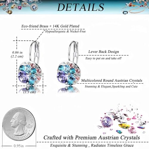 EVEVIC Multicolored Austrian Crystal Drop Earrings for Women 14K Gold Plated Hypoallergenic Leverback Dangle Earrings (Purple Main Crystal/Silver-tone) - Image 4
