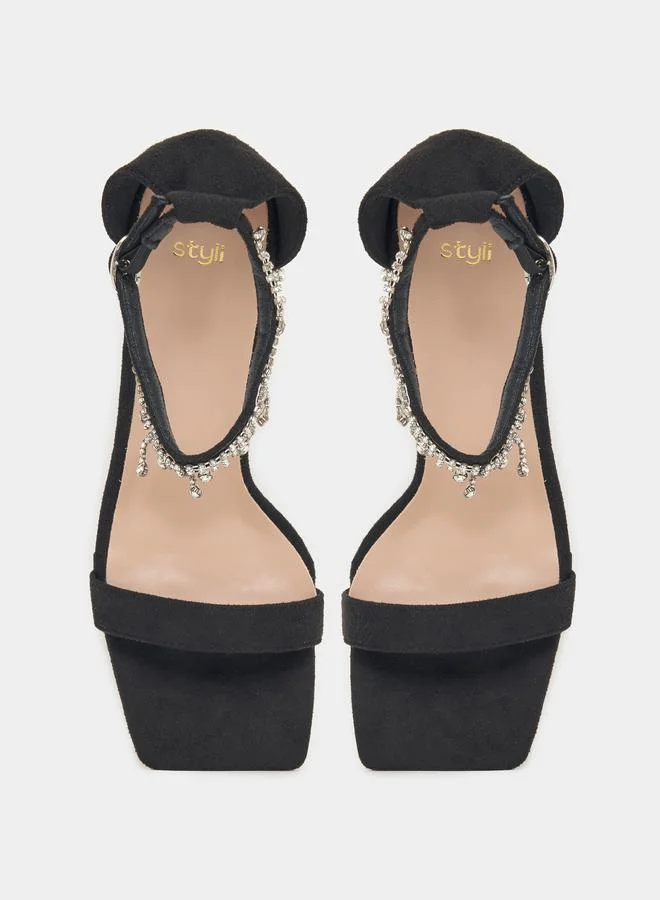 Styli Metallic Rhinestone Ankle Strap Sandals