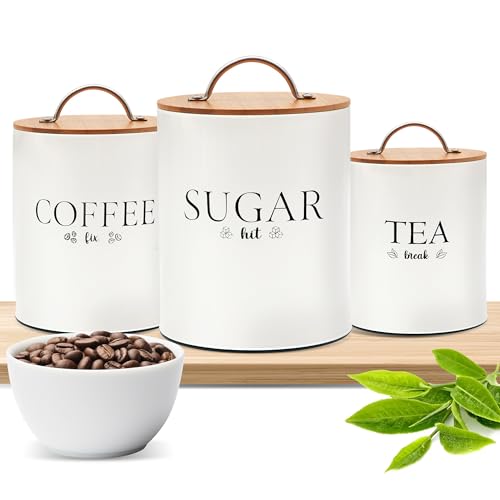D'Lifeful Tea Coffee Sugar Canister Set - 3pc Airtight Canister Sets for Kitchen Counter - Farmhouse Containers for the Kitchen - Decorative Countertop storage with Airtight Lid for Freshness - White - Image 1