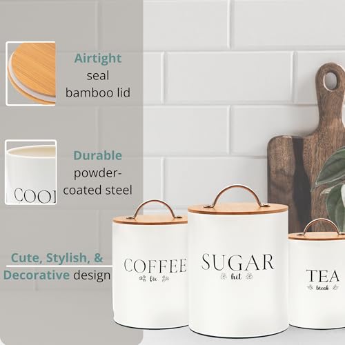 D'Lifeful Tea Coffee Sugar Canister Set - 3pc Airtight Canister Sets for Kitchen Counter - Farmhouse Containers for the Kitchen - Decorative Countertop storage with Airtight Lid for Freshness - White - Image 4
