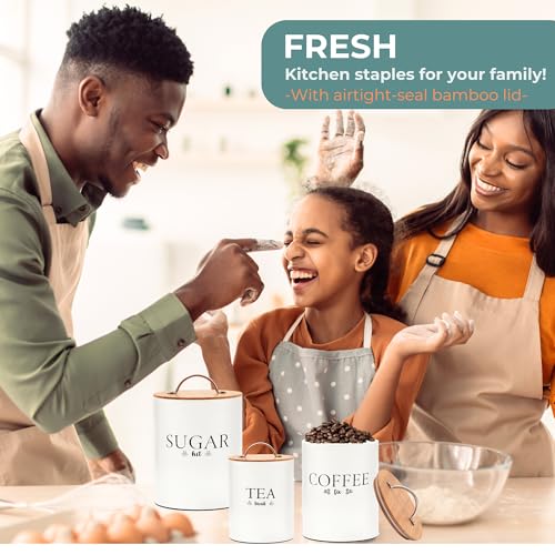 D'Lifeful Tea Coffee Sugar Canister Set - 3pc Airtight Canister Sets for Kitchen Counter - Farmhouse Containers for the Kitchen - Decorative Countertop storage with Airtight Lid for Freshness - White - Image 3