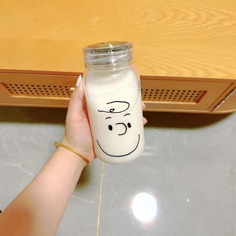 Cyber Celebrous Cartoon Glass Mori Style Water Cup for Men and Women Cute High Beauty Value Portable Milk Cup with Lid High Temperature Resistance(Boy, 500ML) - Image 1
