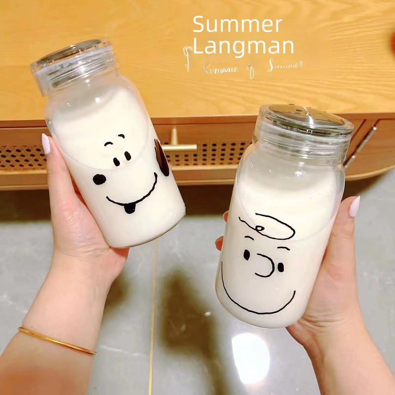 Cyber Celebrous Cartoon Glass Mori Style Water Cup for Men and Women Cute High Beauty Value Portable Milk Cup with Lid High Temperature Resistance(Boy, 500ML) - Image 4