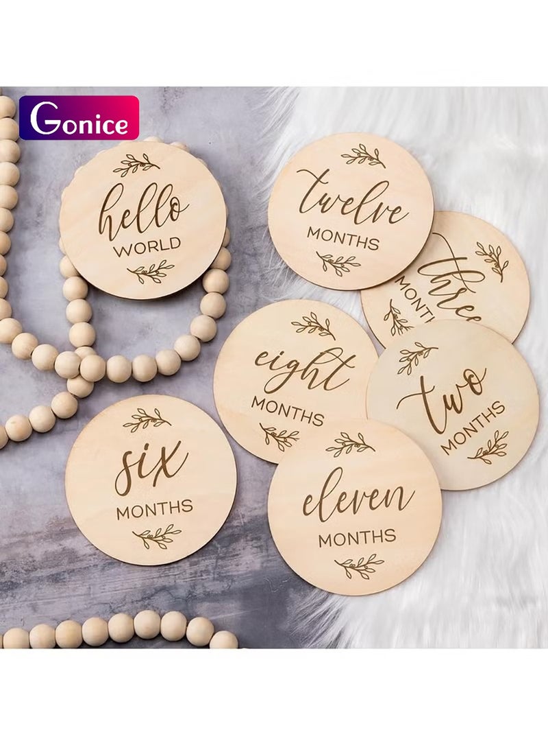 Gonice Baby Monthly Milestone Cards Sign - 7 Cute Double Sided Wooden Circles Discs Newborn Memento  - Image 1