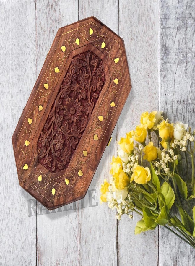 RAHLITE صندوق مجوهرات خشبي مصنوع يدويًا للنساء من RAHLITE بنقوش دقيقة وهدايا 10 × 6 بوصة (بني) - Image 1