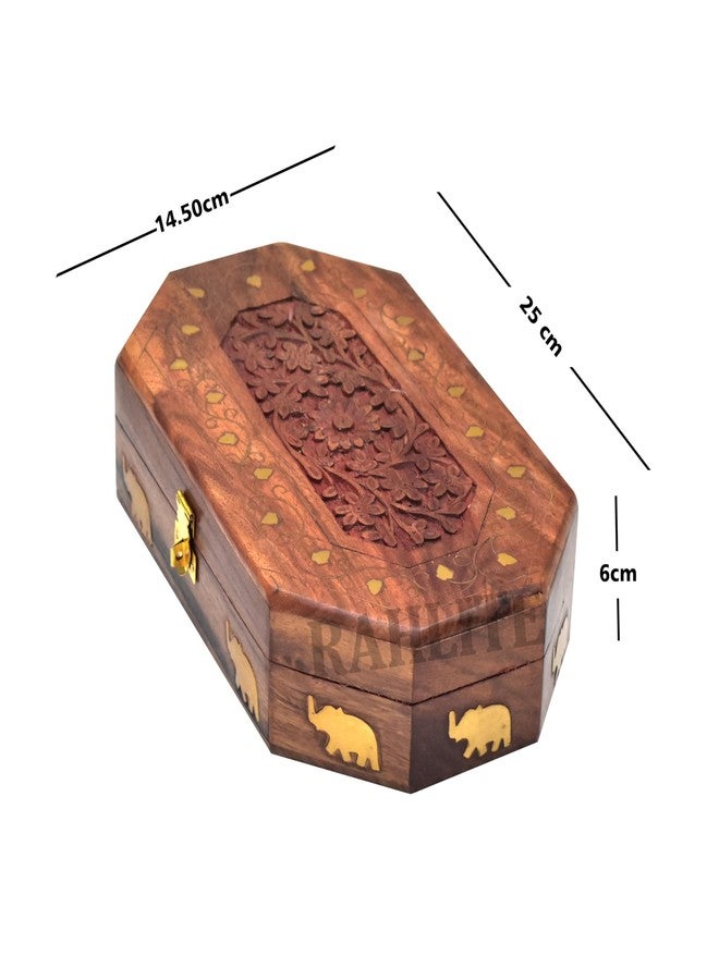 RAHLITE صندوق مجوهرات خشبي مصنوع يدويًا للنساء من RAHLITE بنقوش دقيقة وهدايا 10 × 6 بوصة (بني) - Image 3