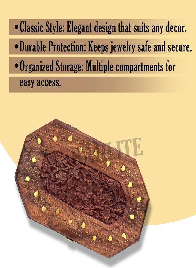 RAHLITE صندوق مجوهرات خشبي مصنوع يدويًا للنساء من RAHLITE بنقوش دقيقة وهدايا 10 × 6 بوصة (بني) - Image 5