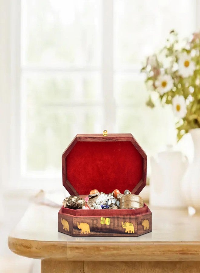 RAHLITE صندوق مجوهرات خشبي مصنوع يدويًا للنساء من RAHLITE بنقوش دقيقة وهدايا 10 × 6 بوصة (بني) - Image 4