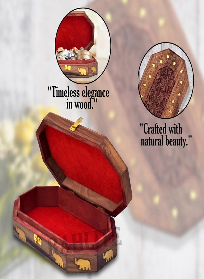 RAHLITE صندوق مجوهرات خشبي مصنوع يدويًا للنساء من RAHLITE بنقوش دقيقة وهدايا 10 × 6 بوصة (بني) - Image 2