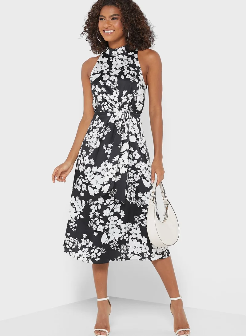 DEBENHAMS Halter Neck Belted Floral Print Dress