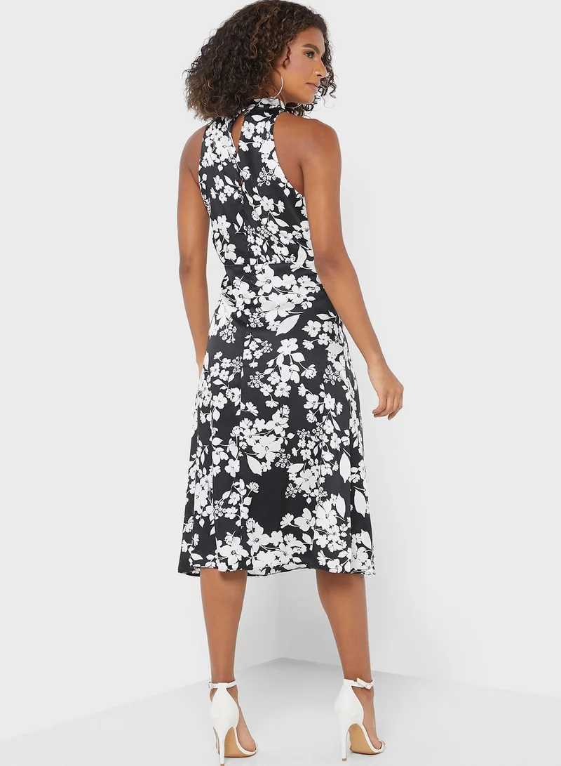 DEBENHAMS Halter Neck Belted Floral Print Dress