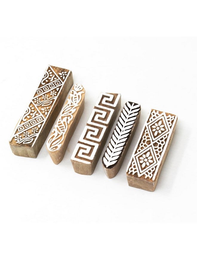 Hashcart Hashcart Wooden Stamp Block, Printing Stamp Design | Set of 5 | Block for Printing Saree Border | Dresses, Craft Card Making, Scrapbook, Clay Pottery  - Image 1