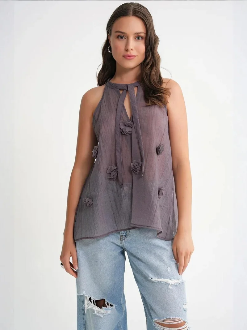 Mixray V-Neck Tie Closure Ruffle Blouse
