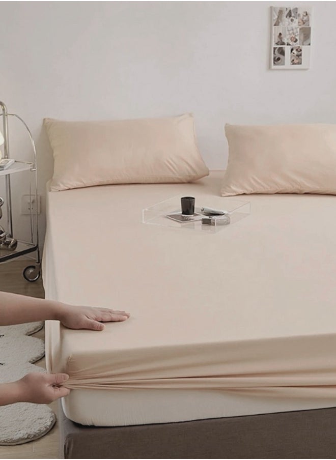 LUNA Home King Size Fitted bed sheet 180*200+30 cm with 2 pillow covers, set of 3 pieces, plain beige color.  - Image 1