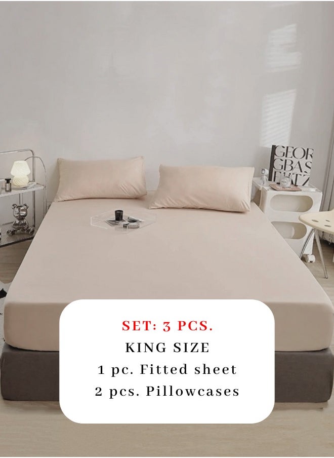 LUNA Home King Size Fitted bed sheet 180*200+30 cm with 2 pillow covers, set of 3 pieces, plain beige color.  - Image 2