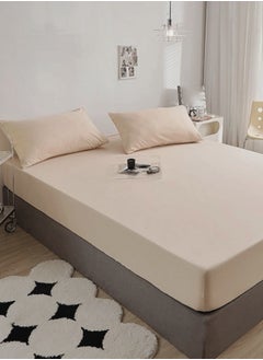 LUNA Home King Size Fitted bed sheet 180*200+30 cm with 2 pillow covers, set of 3 pieces, plain beige color.  - Image 4