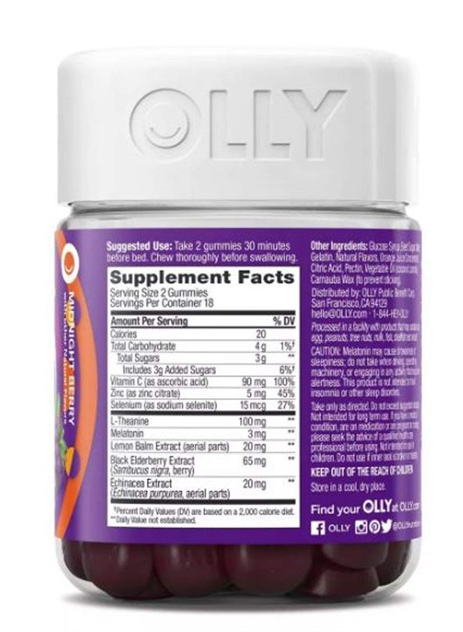 OLLY Immunity Sleep + Elderberry Gummy! 36 Gummies Midnight Berry Flavor! Formulated with Melatonin, chinacea, Vitamin C & Zinc! Supports Restful Sleep and Immune System! Choose Your Pack! (2 Pack) - Image 3