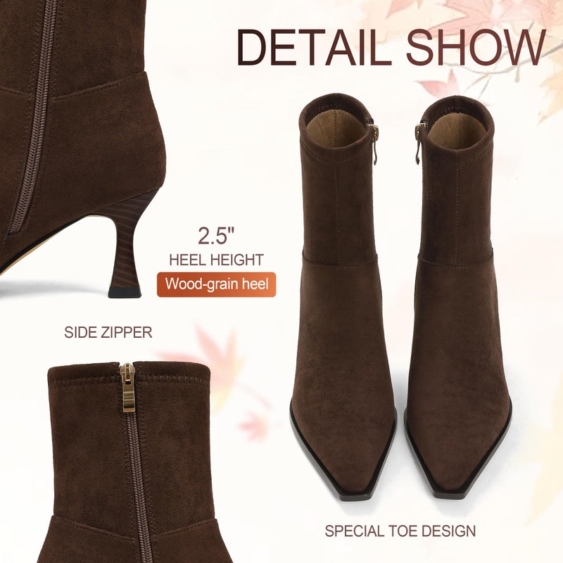 Atsroel Kitten Heel Ankle Boots For Women Pointed Toe Fall Booties Side Zip Dressy Short Booties Low Heel Chocolate Brown Boots Size 7.5 - Image 3
