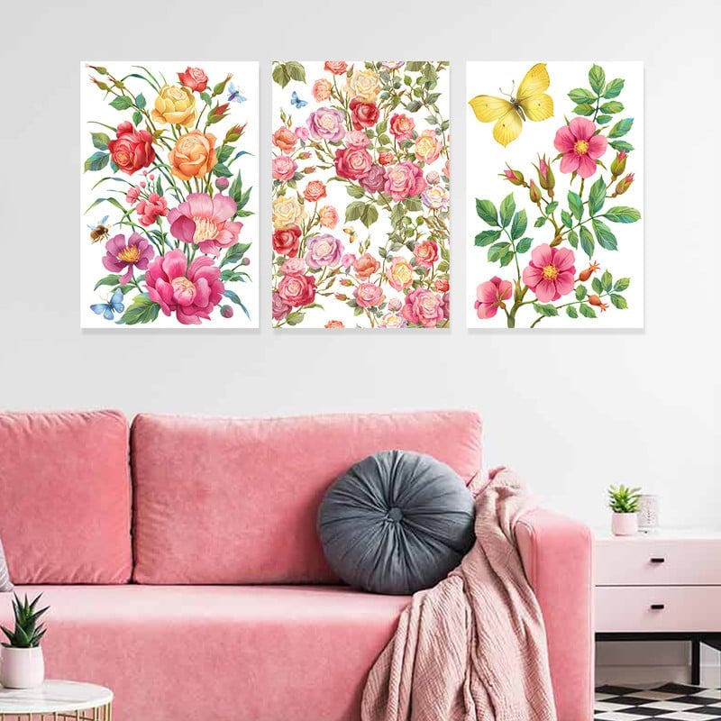 ماركتنا ثلاث لوحات قماشية بتصميم ورد مع برواز مجوف مقاس (90×40) ثلاث قطع - Image 1