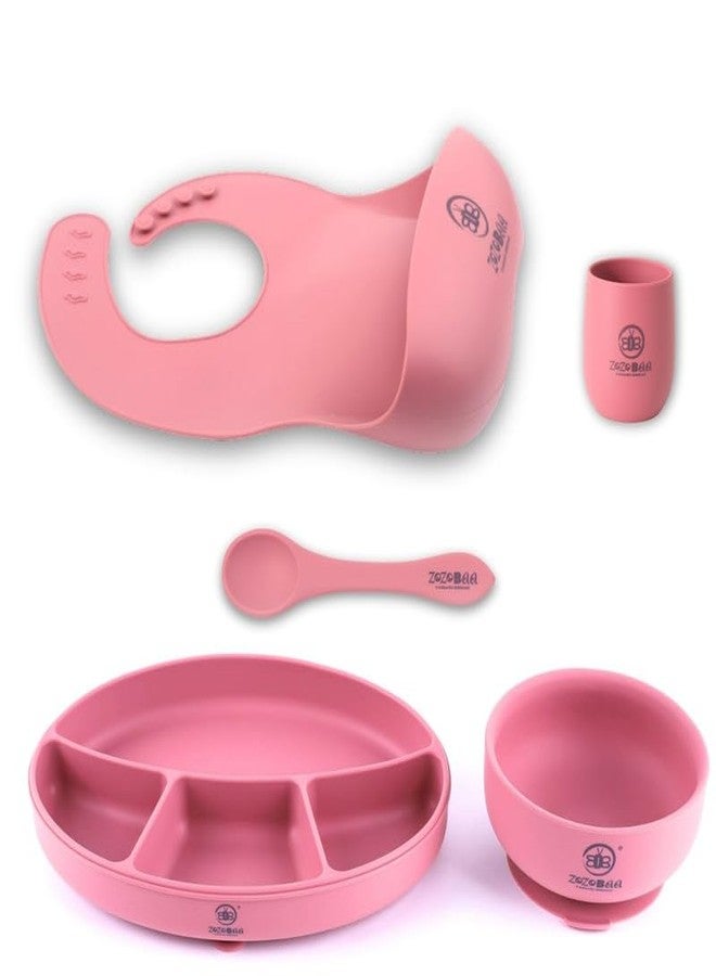 ZoZoBaa Silicone Feeding Set Including Baby Bib,Long Spoon, Tiny Open Cup, Suction Base Oval Plate & Bowl for Toddler |Solid Cutlery Set| Easy Wipe Clean| Baby Weaning Sets (5 Pc), [Dark Red] - Image 1