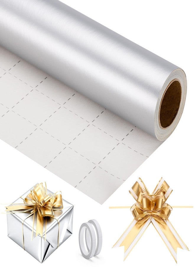 EUSOAR Silver Wrapping Paper, 1 Roll 17 in x 32.8ft Solid Color Matte Gift Wrap with 10pcs Gold Pull Bows, Gift Wrapping Paper Crafts DIY Packaging Supplies for Wedding Birthday Holiday Bridal Party - Image 1