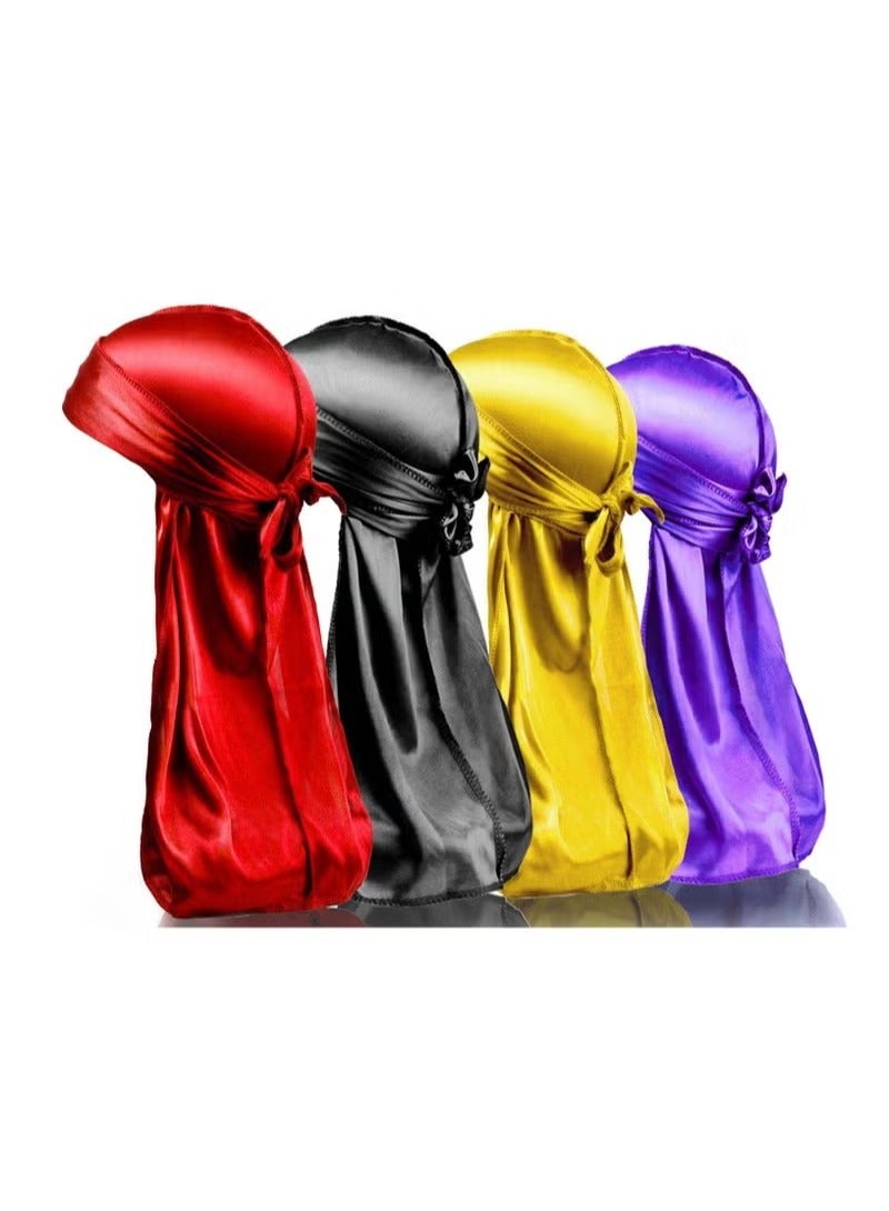 Silky Durag Men Soft Silk Durags 360 Waves Headwraps Unisex Cap Bandana Turban Hat with Long Tails and Wide Straps 4 Pcs - Image 1