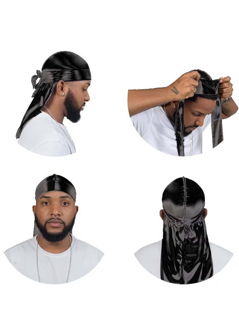 Silky Durag Men Soft Silk Durags 360 Waves Headwraps Unisex Cap Bandana Turban Hat with Long Tails and Wide Straps 4 Pcs - Image 3