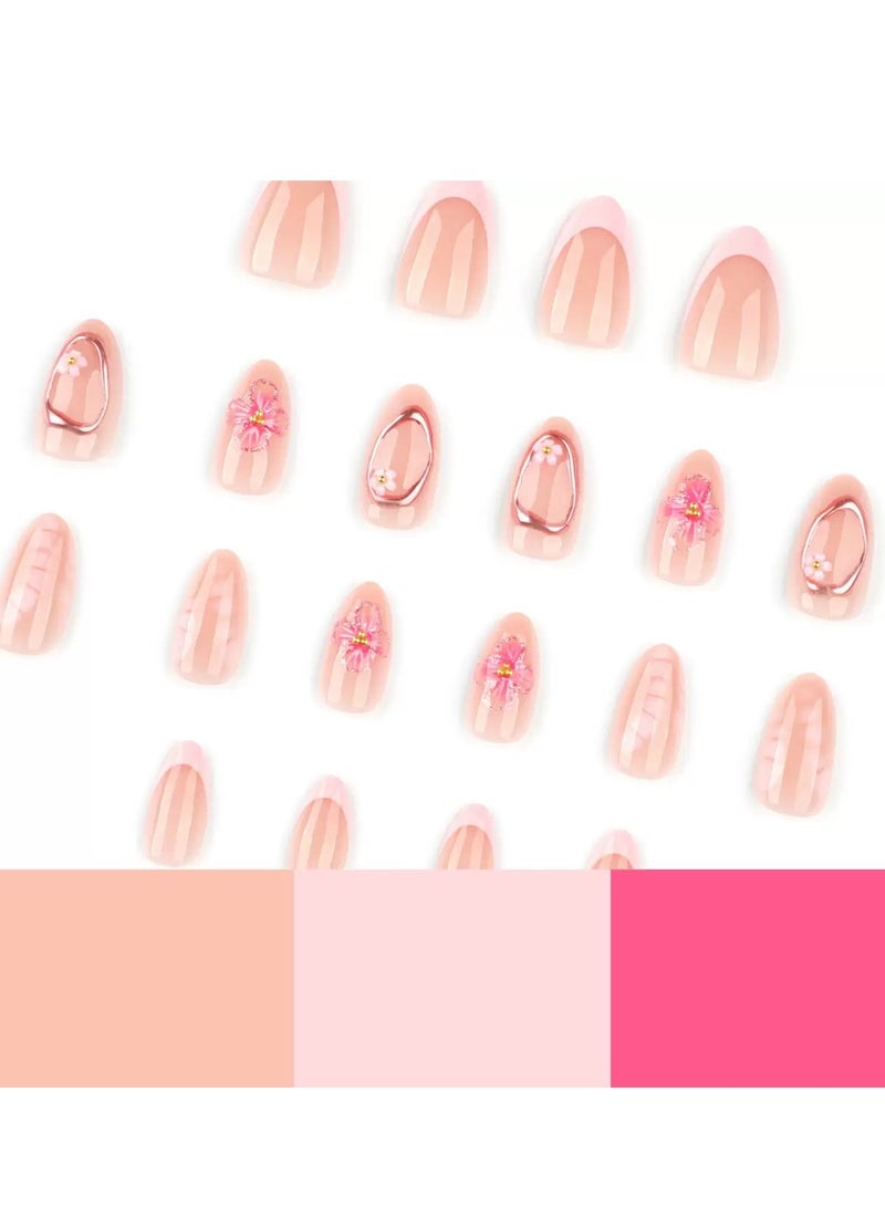 JOSQUEWNN Press on nails,24Pcs, Short Almond-Shaped Press-On Nails,French Pink Manicure with Delicate 3D Flower Accents, Acrylic Nails With Glue Kit. - Image 2
