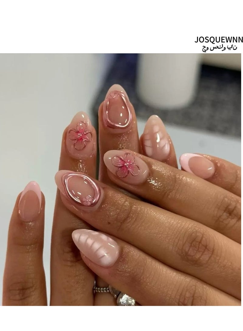 JOSQUEWNN Press on nails,24Pcs, Short Almond-Shaped Press-On Nails,French Pink Manicure with Delicate 3D Flower Accents, Acrylic Nails With Glue Kit. - Image 1