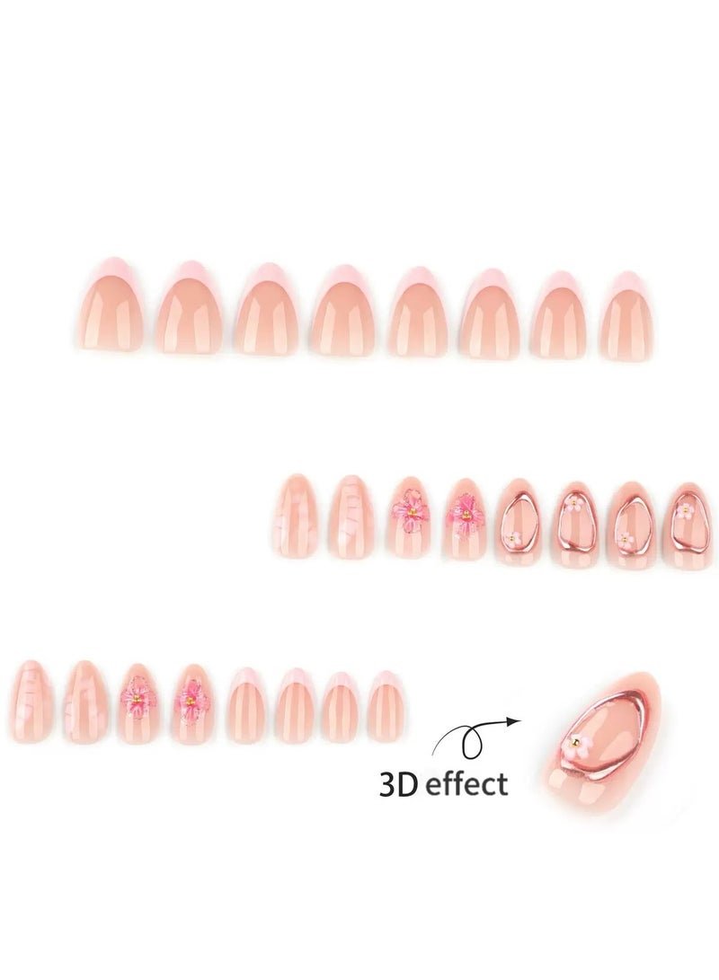 JOSQUEWNN Press on nails,24Pcs, Short Almond-Shaped Press-On Nails,French Pink Manicure with Delicate 3D Flower Accents, Acrylic Nails With Glue Kit. - Image 4