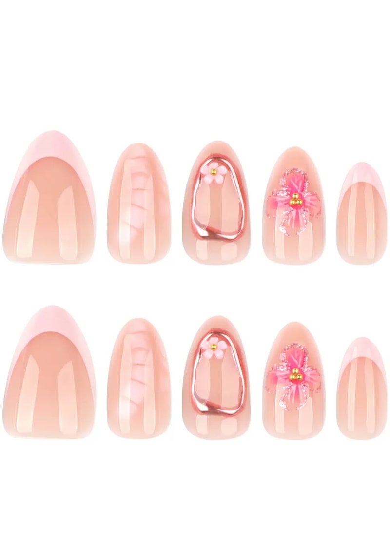 JOSQUEWNN Press on nails,24Pcs, Short Almond-Shaped Press-On Nails,French Pink Manicure with Delicate 3D Flower Accents, Acrylic Nails With Glue Kit. - Image 5