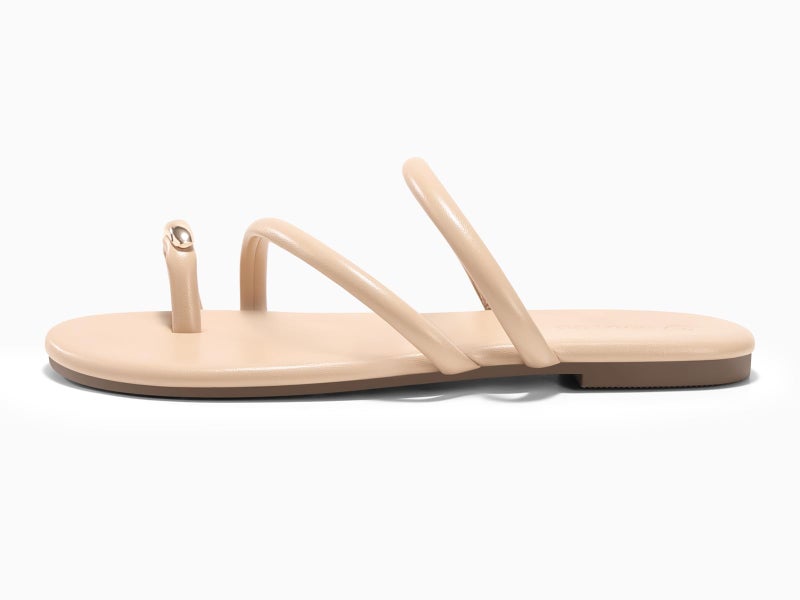 Coutgo Womens Strappy Flat Sandals Square Open Toe Flip Flops Slides Toe Ring Metal Summer Dress Shoes, Light Khaki, size 8 - Image 4