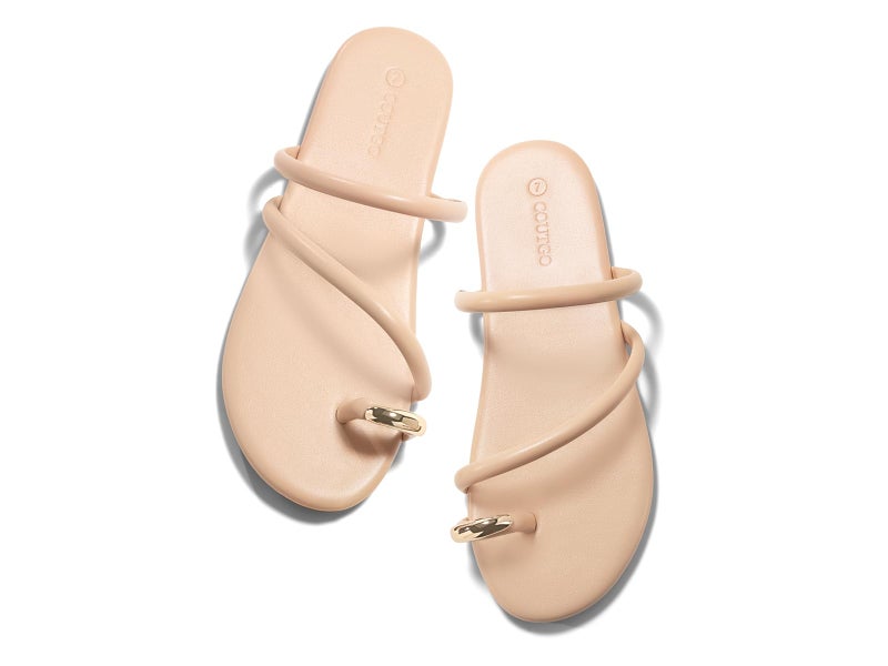 Coutgo Womens Strappy Flat Sandals Square Open Toe Flip Flops Slides Toe Ring Metal Summer Dress Shoes, Light Khaki, size 8 - Image 1