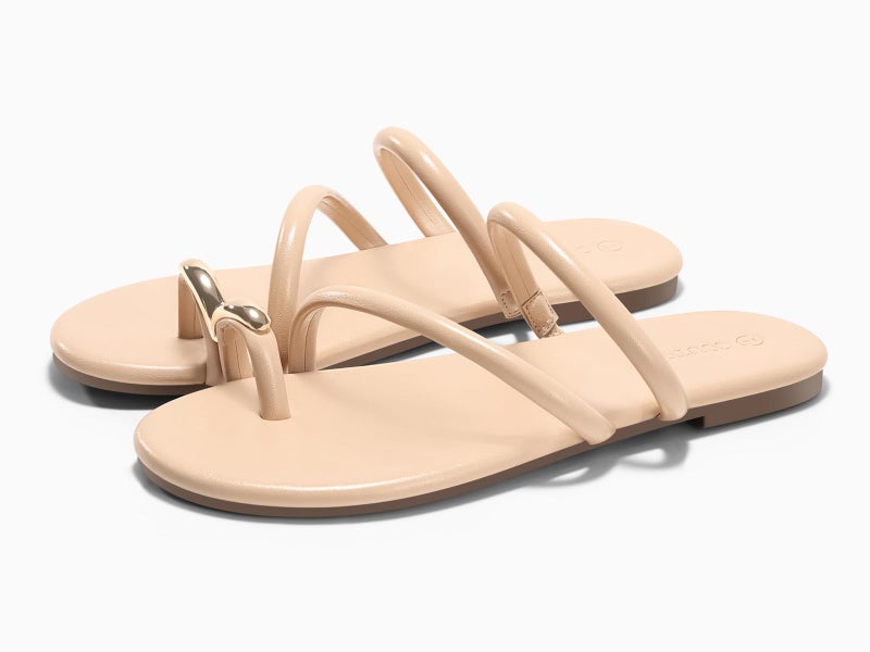 Coutgo Womens Strappy Flat Sandals Square Open Toe Flip Flops Slides Toe Ring Metal Summer Dress Shoes, Light Khaki, size 8 - Image 5