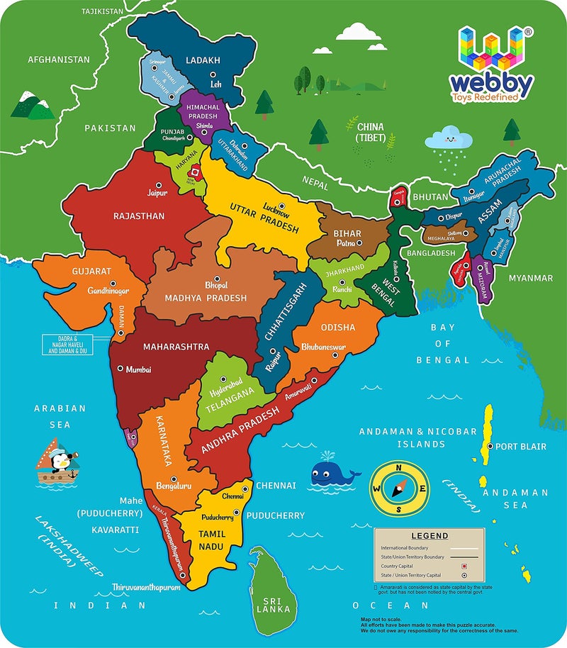 Webby Wooden Educational India Political Map States Capital Learning, Board Puzzle for 4, 5, 6, 7, 8 Year Old Kids - Image 1