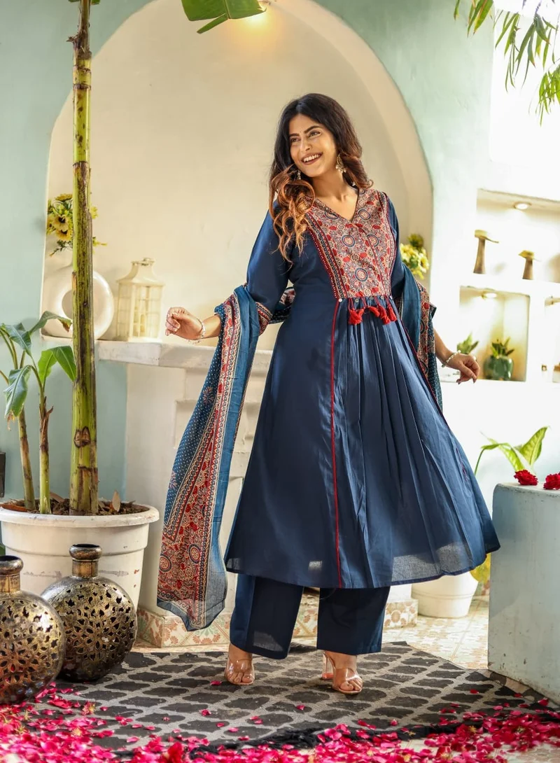 Studio blue Navy Blue Printed Three-Piece Set with Dupatta