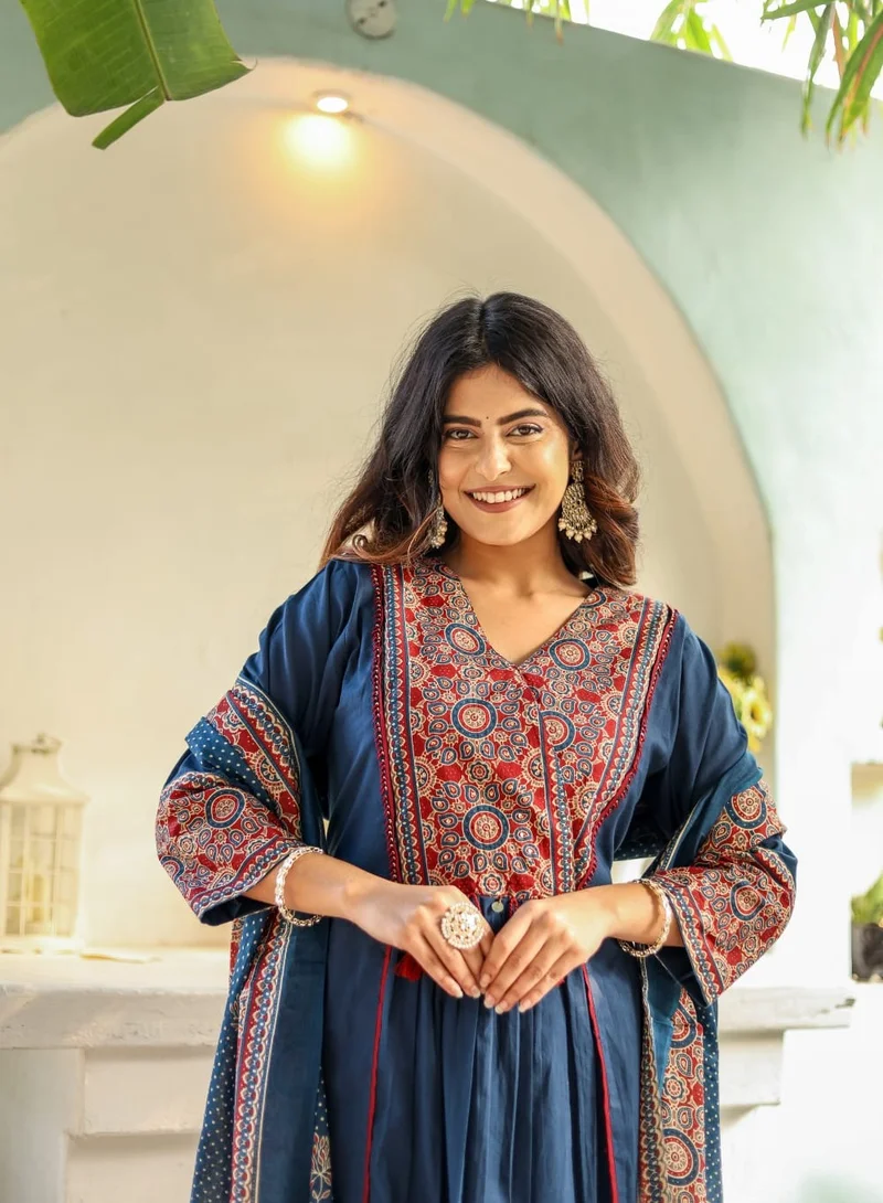 Studio blue Navy Blue Printed Three-Piece Set with Dupatta