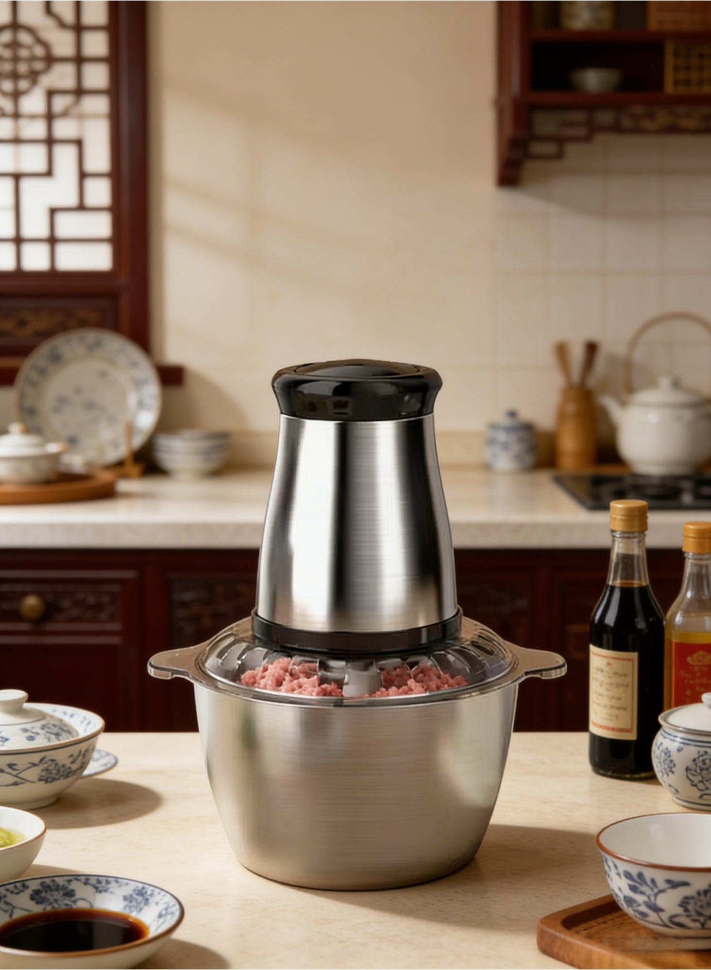 Electric Meat Grinder, Food Processor Blender with 3L Stainless Steel Bowls, Vegetable and Fruit Chopper for Dicing, Mincing