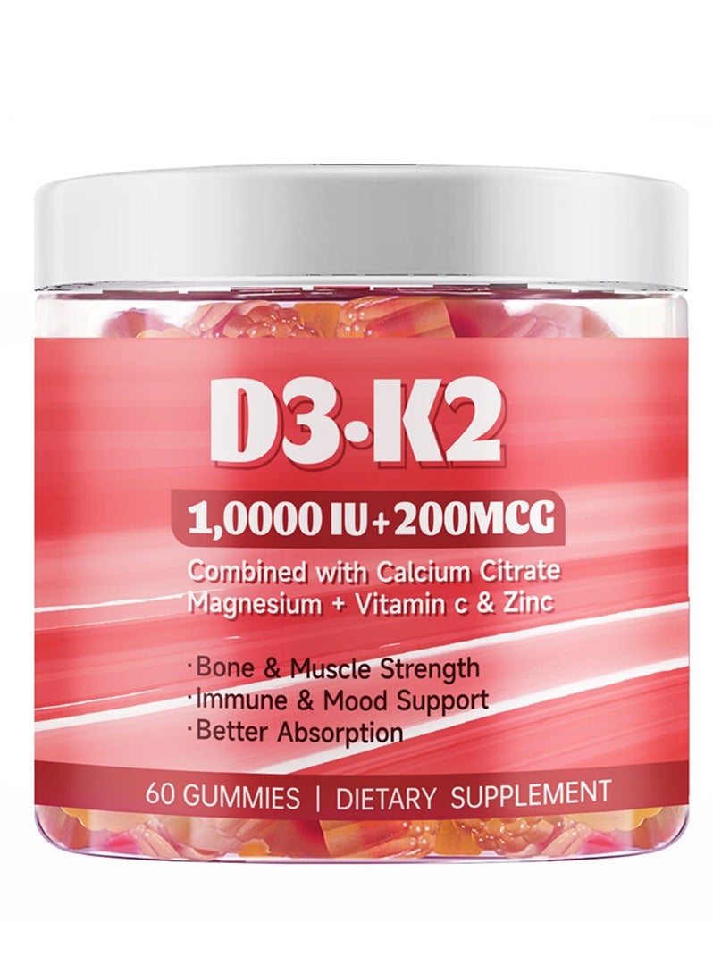 Wins Town Vitamin D3 10000 IU & Vitamin K2 Gummies  Extra Strength Sugar-Free High Absorption  Bone Joint Immune Heart Brain & Mood Support - Non-GMO Gluten-Free Fiber-Based with Prebiotics 60 Count - Image 1